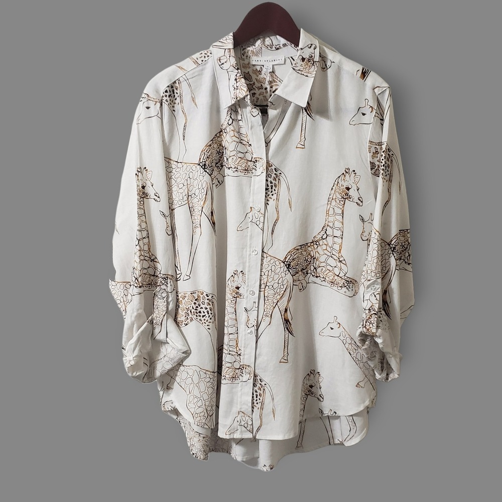 NWT Jane + Delancey Giraffe Linen Blend Button Down Shirt Gold‎ White Sz XL